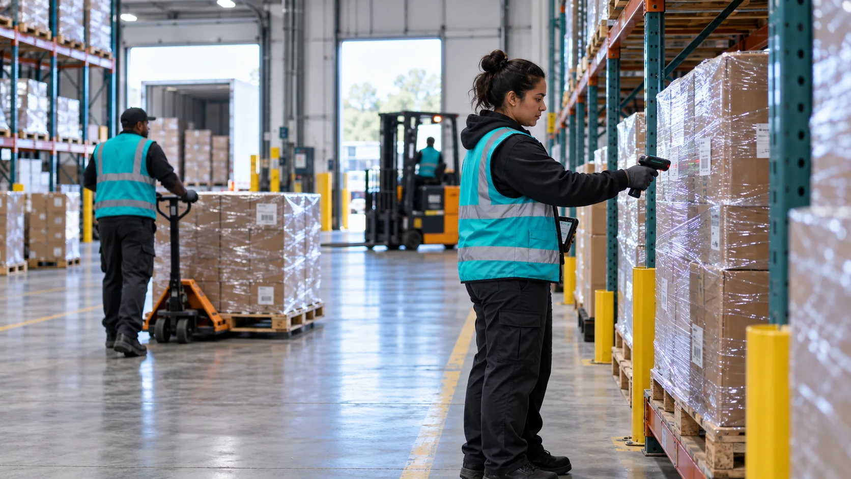 A Tactical operator scanning racked inventory on the warehouse floor